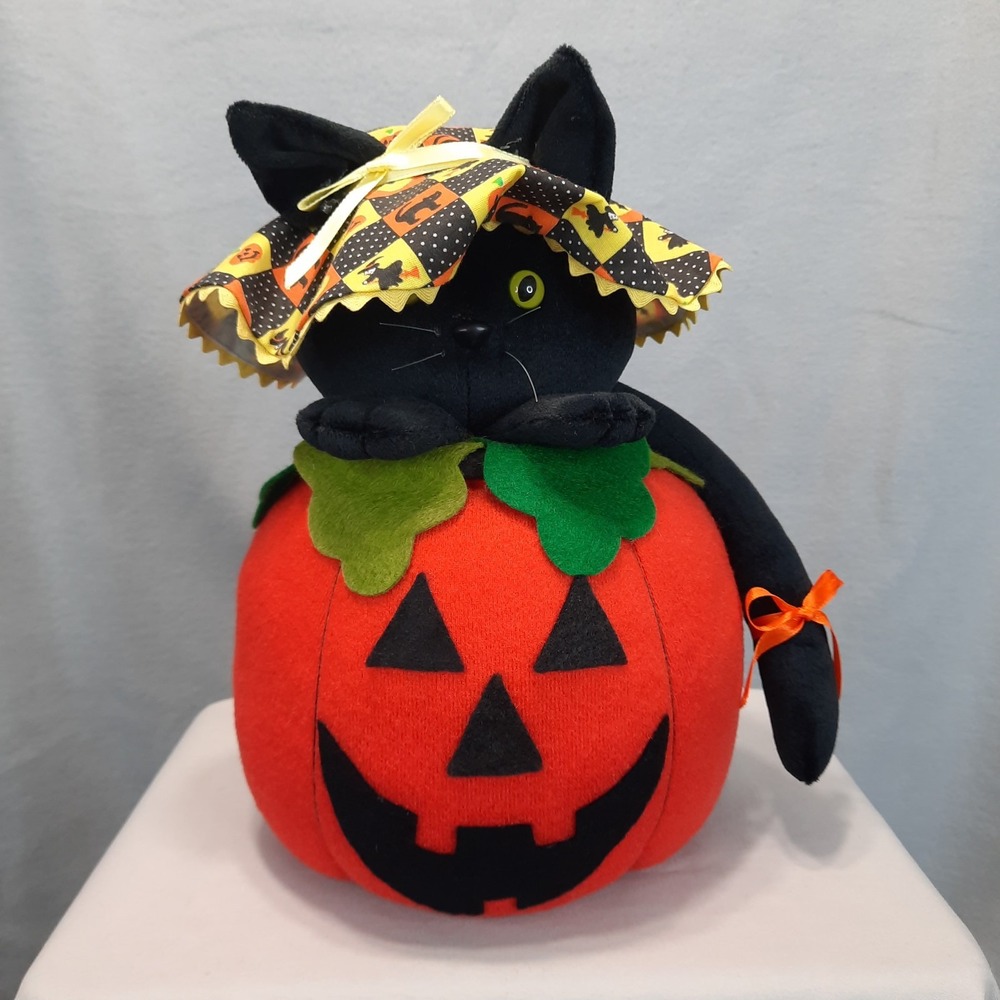 Vintage Handmade Halloween Black Cat Witch Hat Pumpkin Plush Decor Grandmacore
